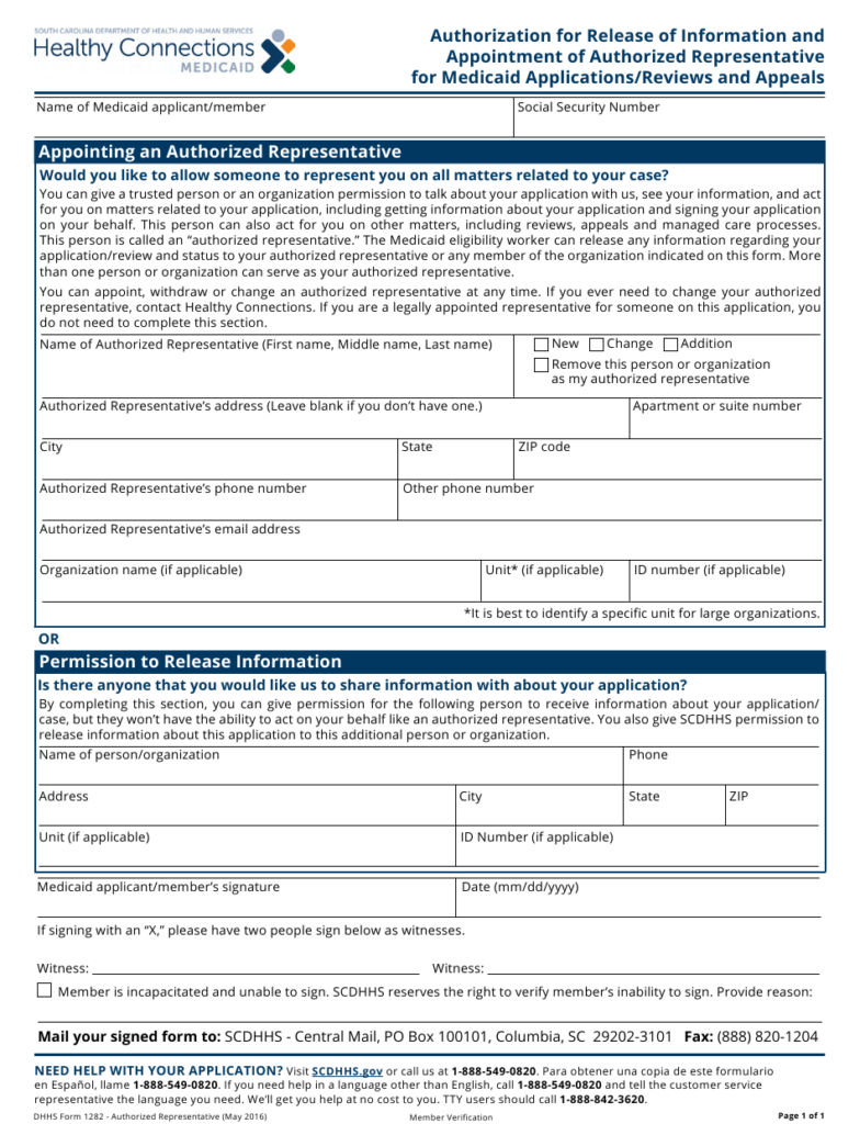 DHHS Form 1282 Download Fillable PDF Or Fill Online Authorization For 