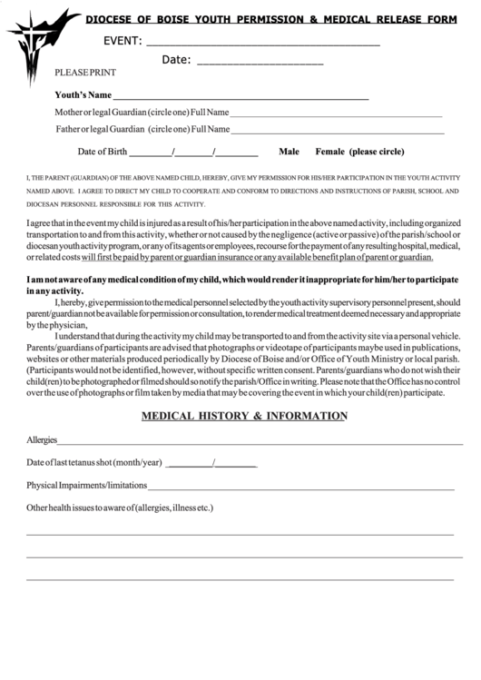 Diocese Of Boise Youth Permission Medical Release Form Printable Pdf