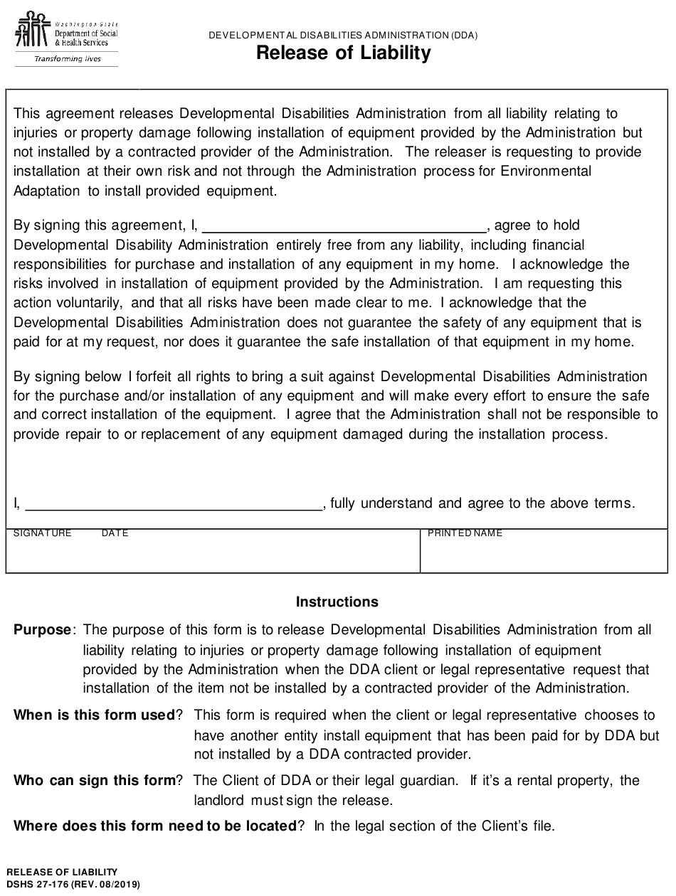 DSHS Form 27 176 Download Printable PDF Or Fill Online Release Of
