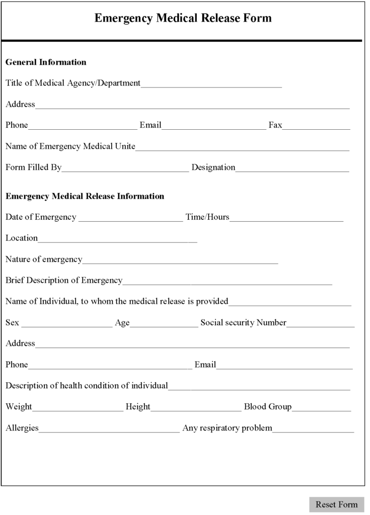 Emergency Medical Release Form Editable Forms