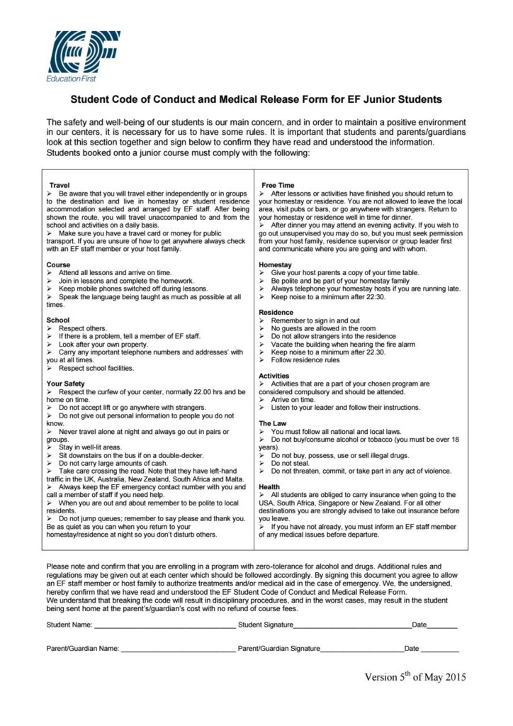 ES Worldwide Junior Code Of Conduct And Medical Release Form By EF 