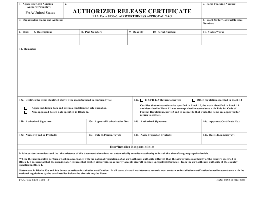 FAA Form 8130 3 Download Fillable PDF Authorized Release Certificate 