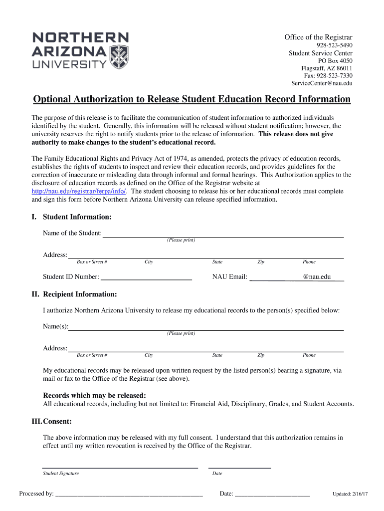 FERPA Release Form Northern Arizona University Fill Out And Sign 