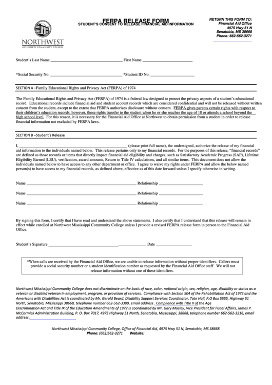 Ferpa Release Form Northwest Mississippi Community College Printable