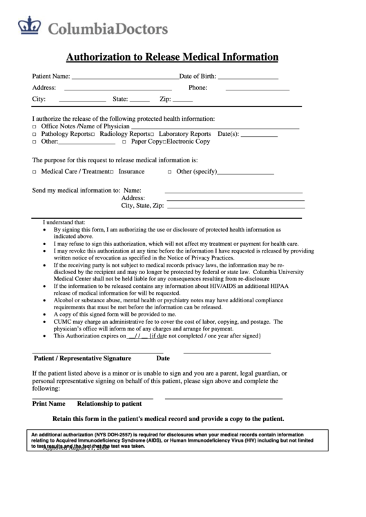 Fillable Authorization To Release Medical Information Form Printable 