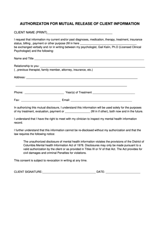 Fillable Authorizaton Form For Mutual Release Of Client Information
