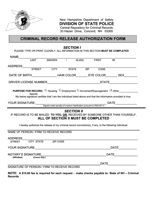 Fillable Criminal Record Release Authorization Form New Hampshire 