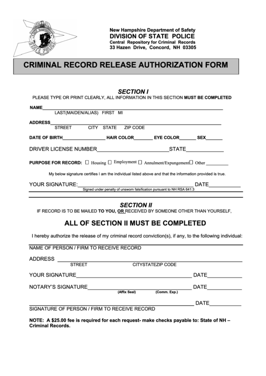 Fillable Criminal Record Release Authorization Form Printable Pdf Download