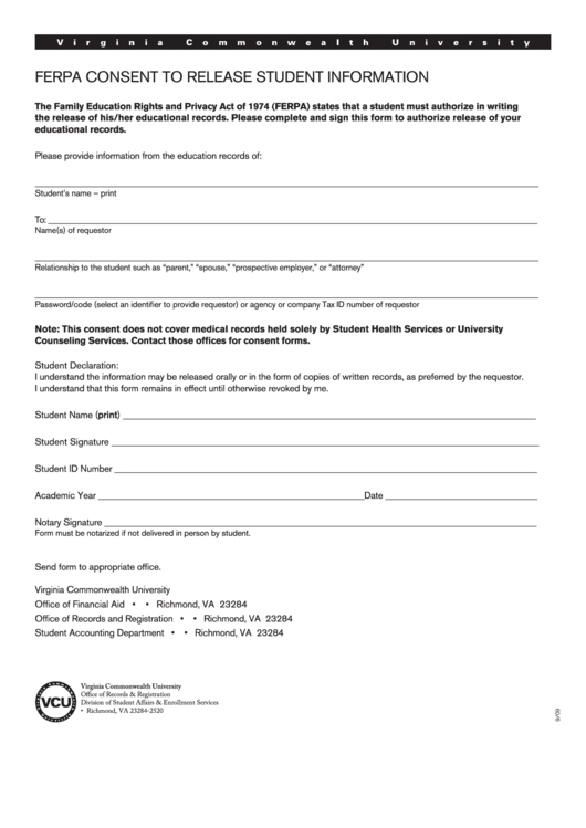 Fillable Ferpa Consent To Release Student Information Form Printable 