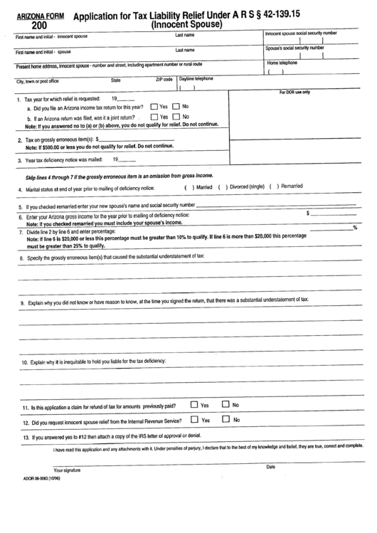 Fillable Form 200 Application For Tax Liability Relief Innocent