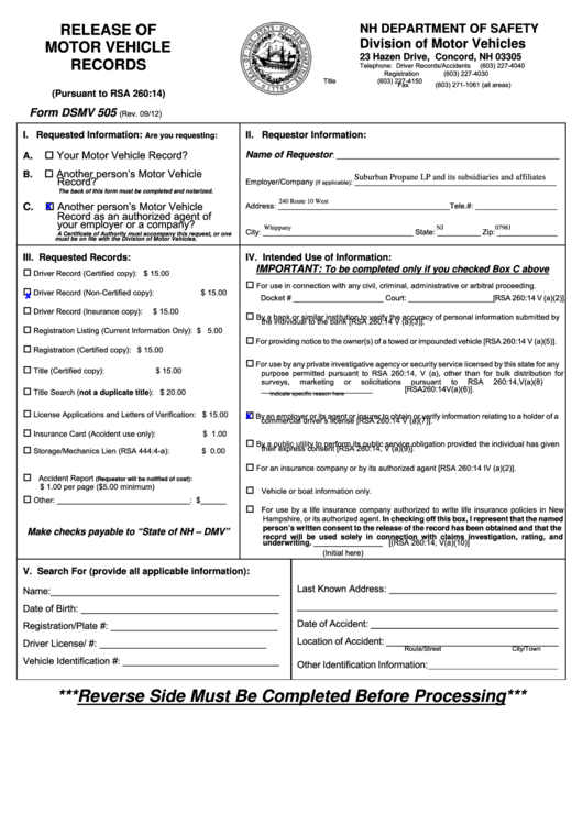 Fillable Form Dsmv 505 Release Of Motor Vehicle Records Division Of 