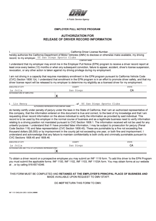 Fillable Form Inf 1101 Authorization For Release Of Driver Record