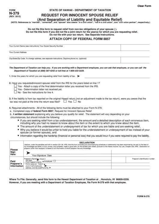 Fillable Form N 379 Request For Innocent Spouse Relief And 