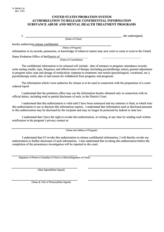 Fillable Form Prob 11e Authorization To Release Confidential 