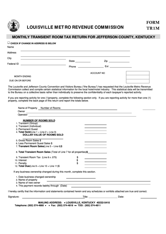 Fillable Form Tr1m Monthly Transient Room Tax Return For Jefferson 