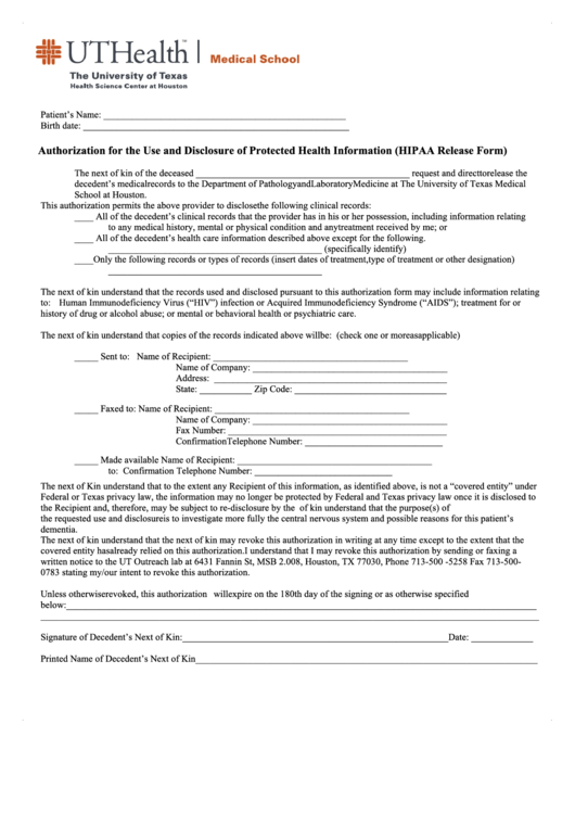 Fillable Hipaa Form Authorization For The Use And Disclosure Of 