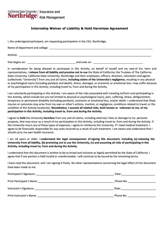 Fillable Internship Waiver Of Liability Hold Harmless Agreement Form