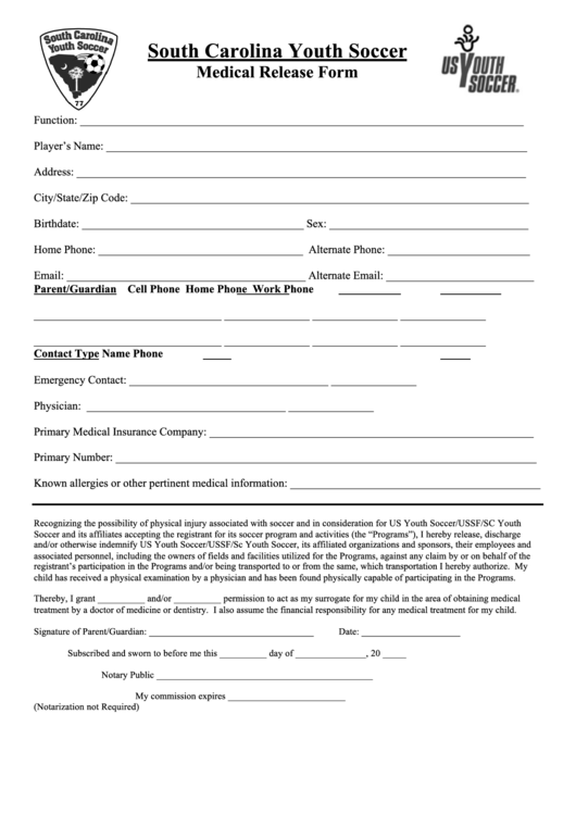 Fillable Medical Release Form Youth Soccer Printable Pdf Download