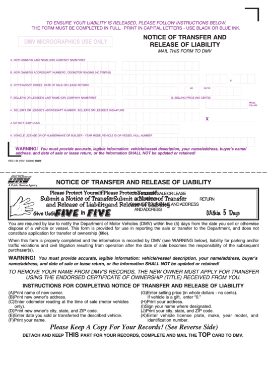 Fillable Notice Of Transfer And Release Of Liability Printable Pdf Download