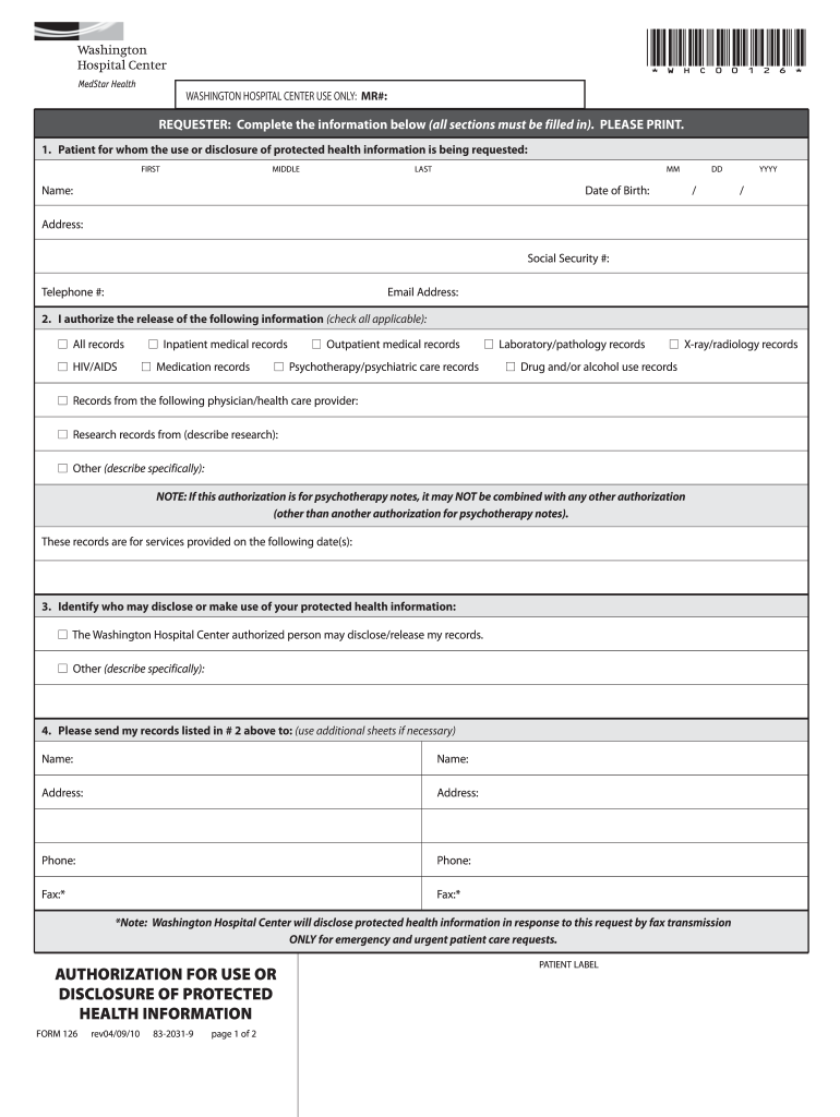 Fillable Online Whcenter MedStar Washington Hospital Center