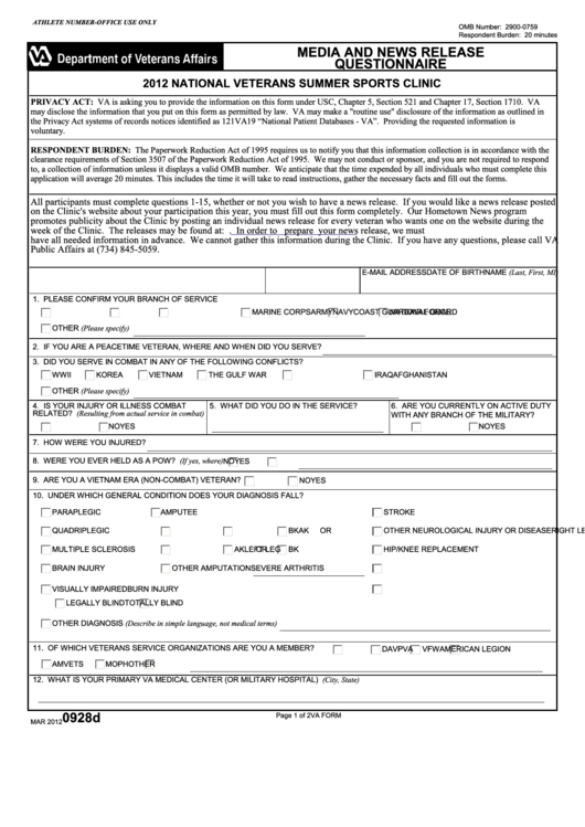 Fillable Va Form 0928d National Veterans Summer Sports Clinic Media 