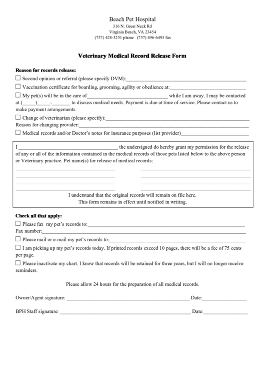 Fillable Veterinary Medical Record Release Form Printable Pdf Download