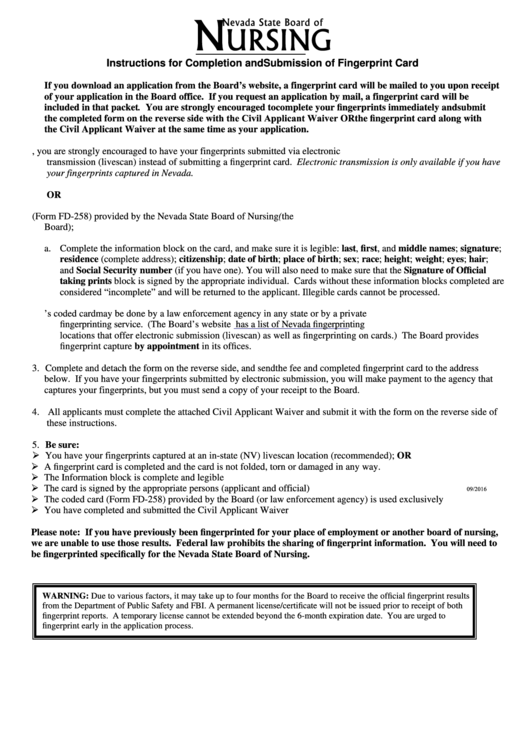 Fingerprint Submission Form Nevada State Board Of Nursing Printable 