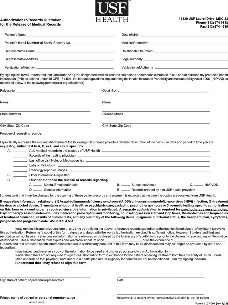 Florida Medical Records Release Form Download Free Printable Blank 