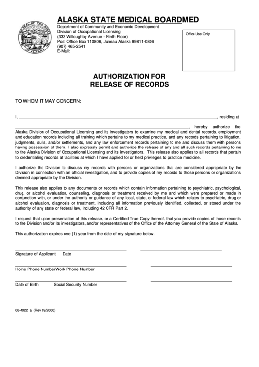 Form 08 4022 A Authorization For Release Of Records Printable Pdf 