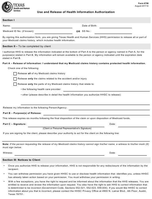 Form 6700 Download Fillable PDF Or Fill Online Use And Release Of 