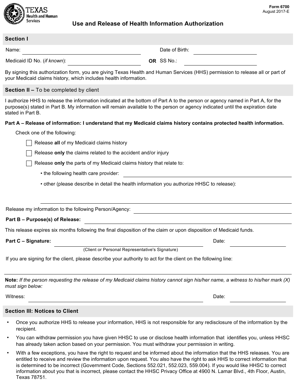 Form 6700 Download Fillable PDF Or Fill Online Use And Release Of
