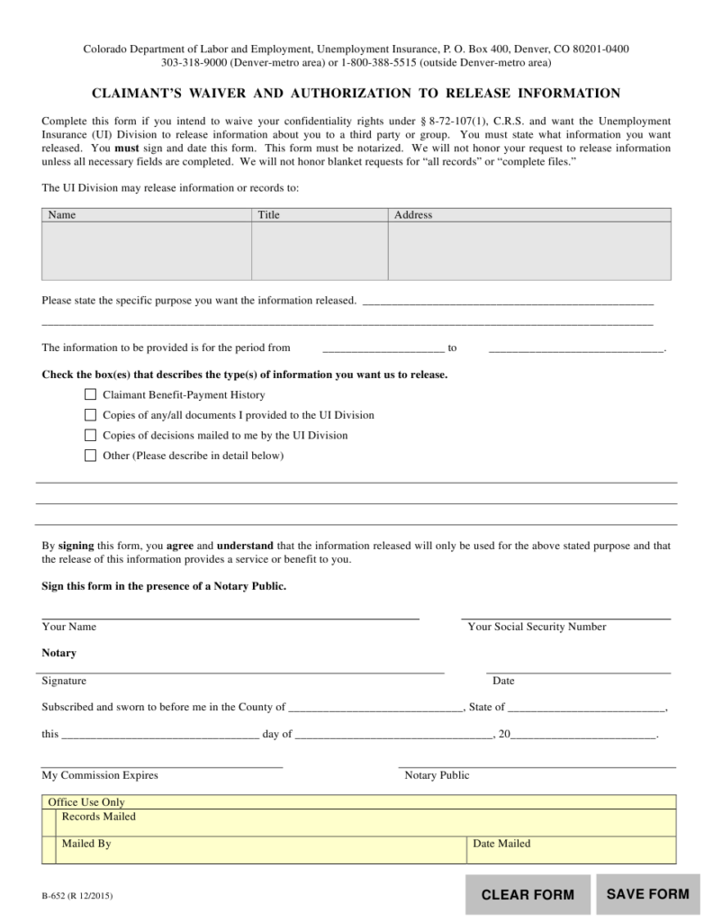 Form B 652 Download Fillable PDF Or Fill Online Claimant s Waiver And 