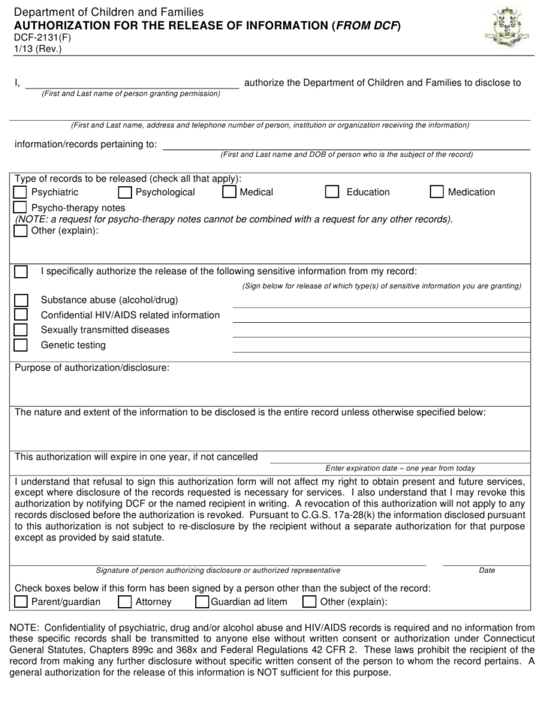 Form DCF 2131 F Download Fillable PDF Or Fill Online Authorization For 