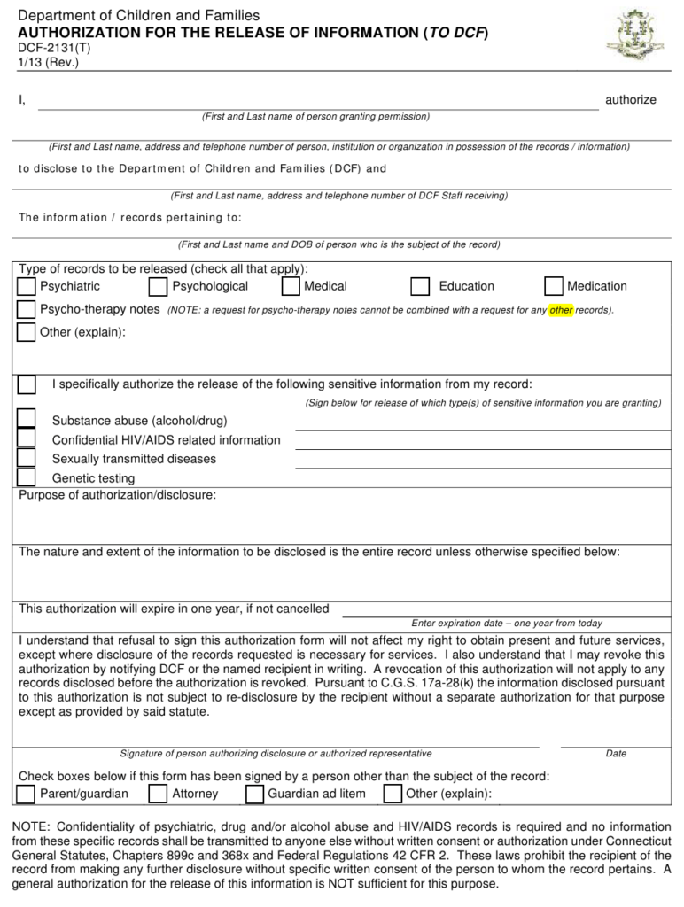 Form DCF 2131 T Download Fillable PDF Or Fill Online Authorization For 