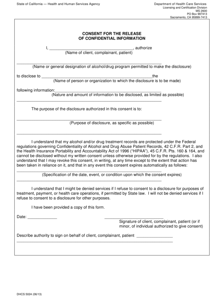 Form DHCS5024 Download Fillable PDF Or Fill Online Consent For The 