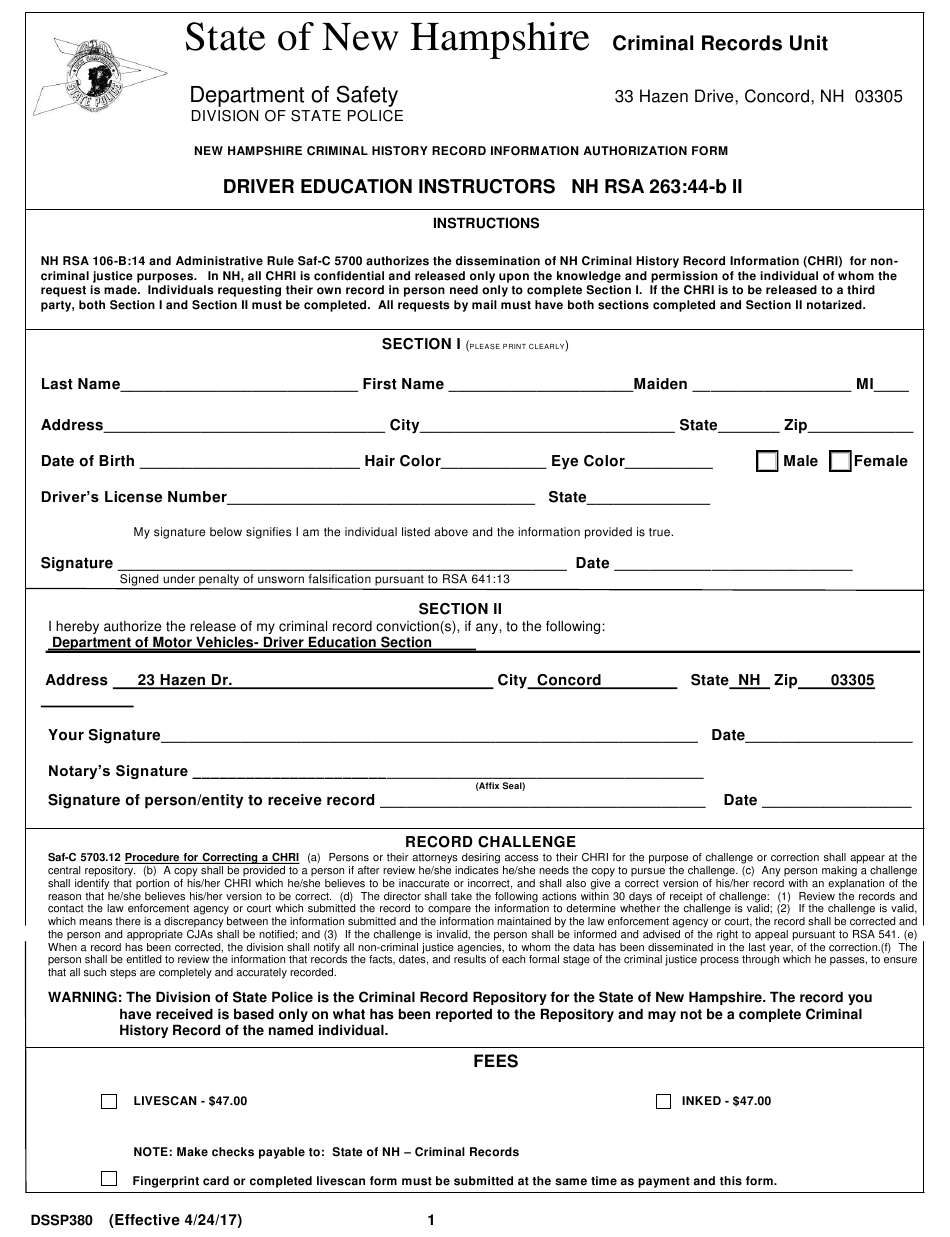 Form DSSP380 Download Fillable PDF Or Fill Online New Hampshire