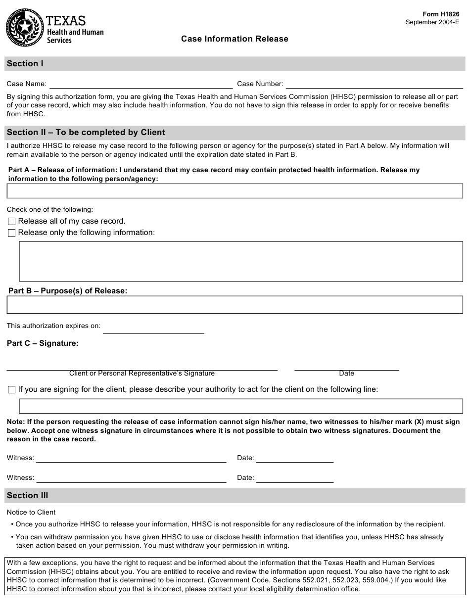 Form H1826 Download Fillable PDF Or Fill Online Case Information