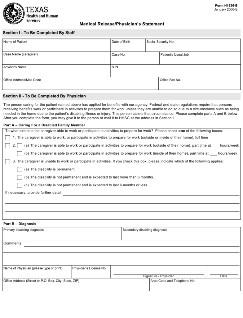 Form H1836 B Download Fillable PDF Or Fill Online Medical Release 