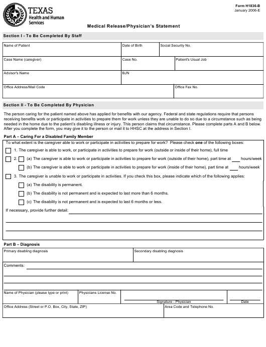 Form H1836 B Download Fillable PDF Or Fill Online Medical Release 