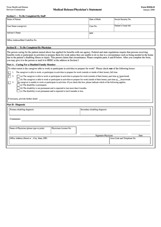 Form H1836 B Medical Release physician S Statement Texas Printable 