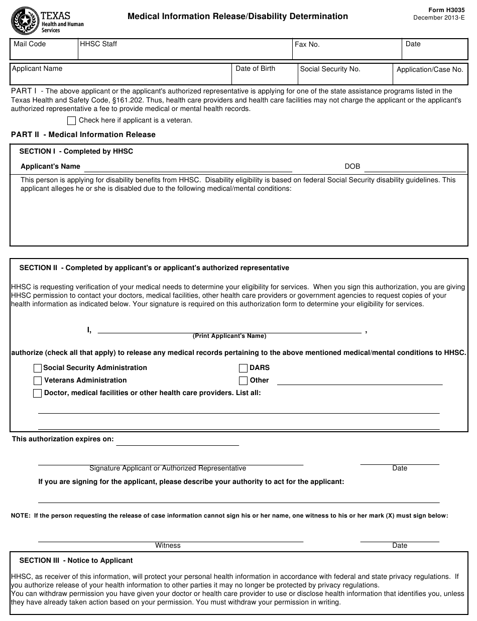 Form H3035 Download Fillable PDF Or Fill Online Medical Information