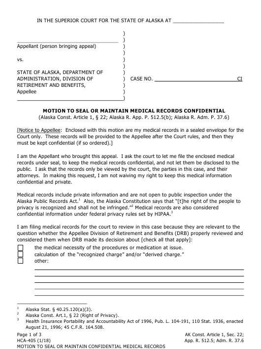 Form HCA 405 Download Fillable PDF Or Fill Online Motion To Seal Or