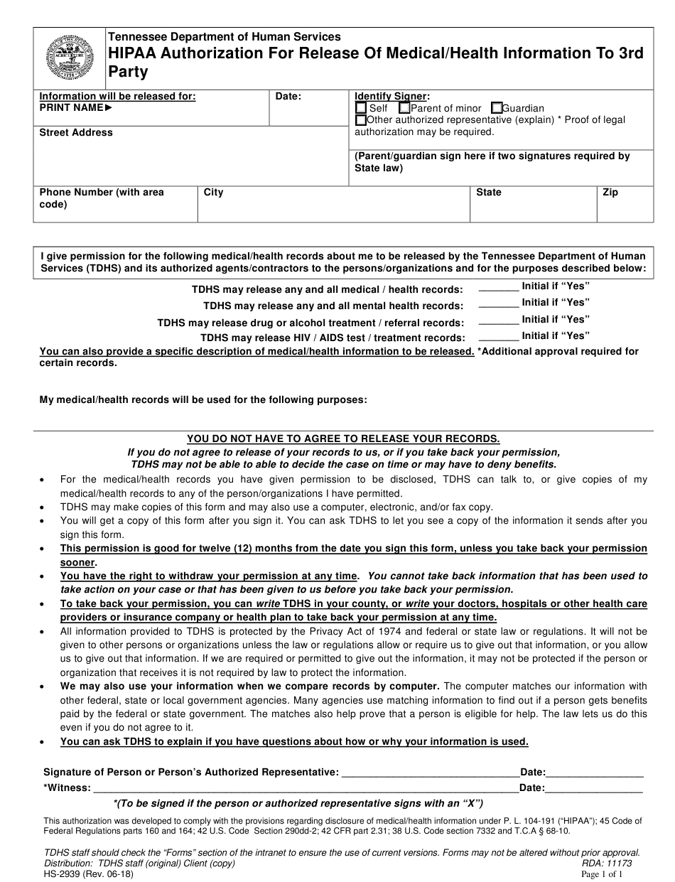 Form HS 2939 Download Fillable PDF Or Fill Online Hipaa Authorization 