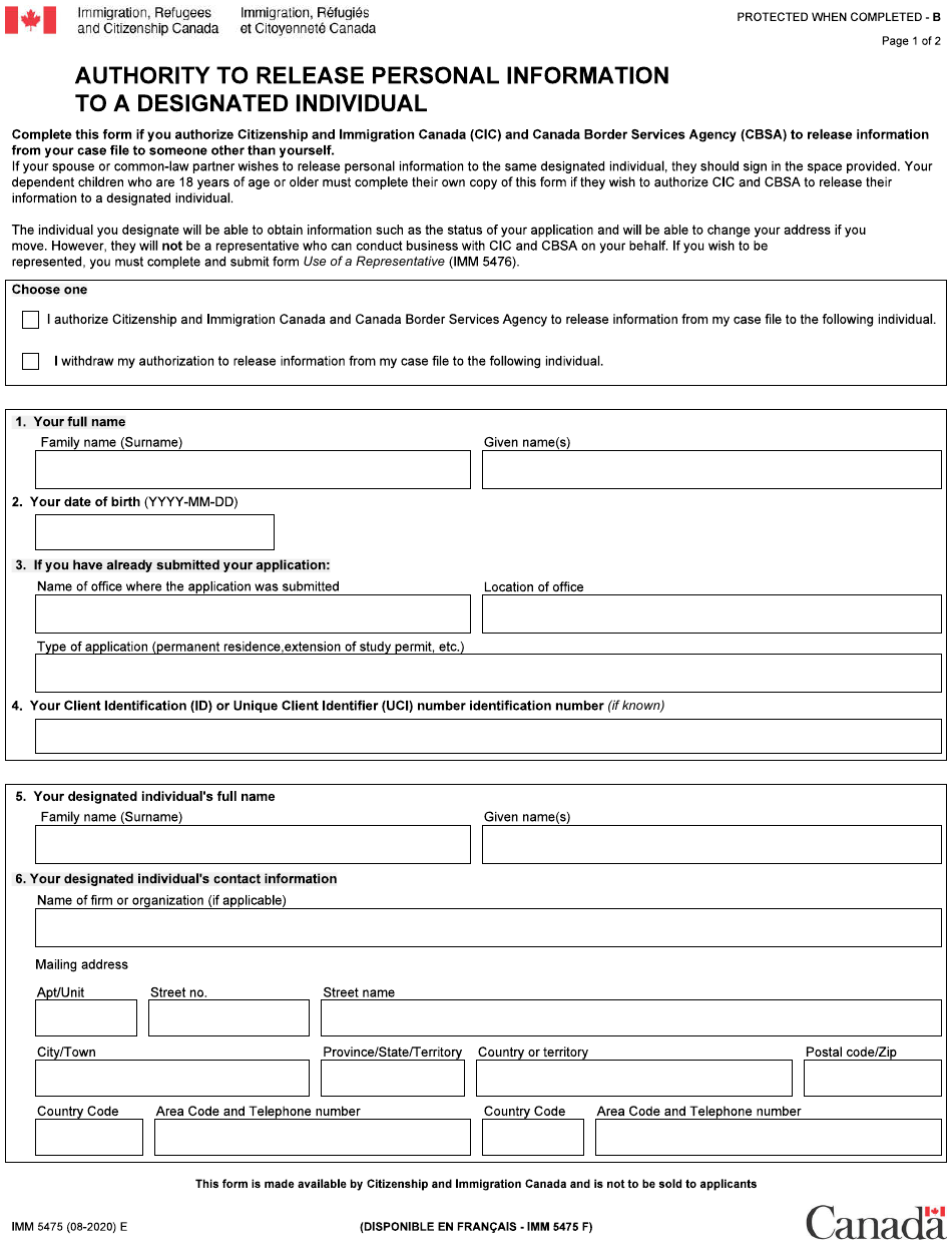 Form IMM5475 Download Fillable PDF Or Fill Online Authority To Release