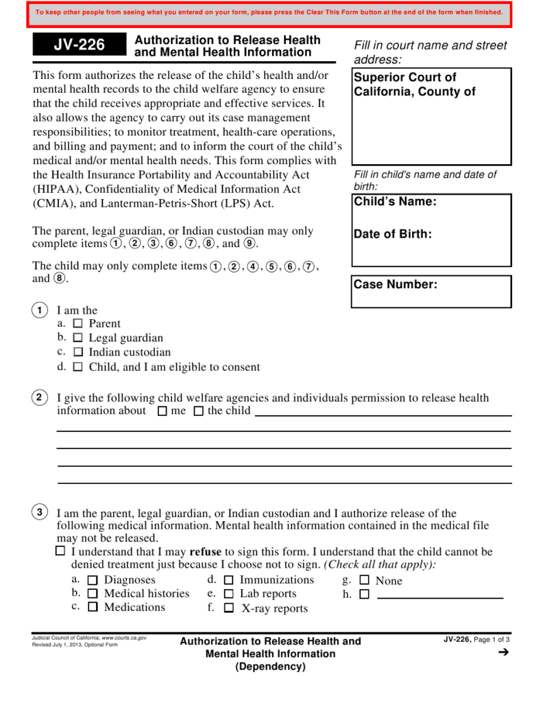 Form JV 226 Download Fillable PDF Or Fill Online Authorization To 