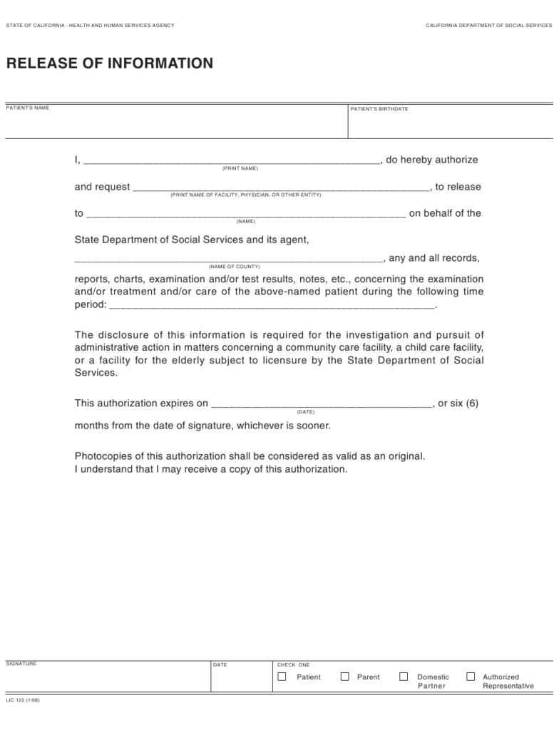 Form LIC122 Download Fillable PDF Or Fill Online Release Of Information 