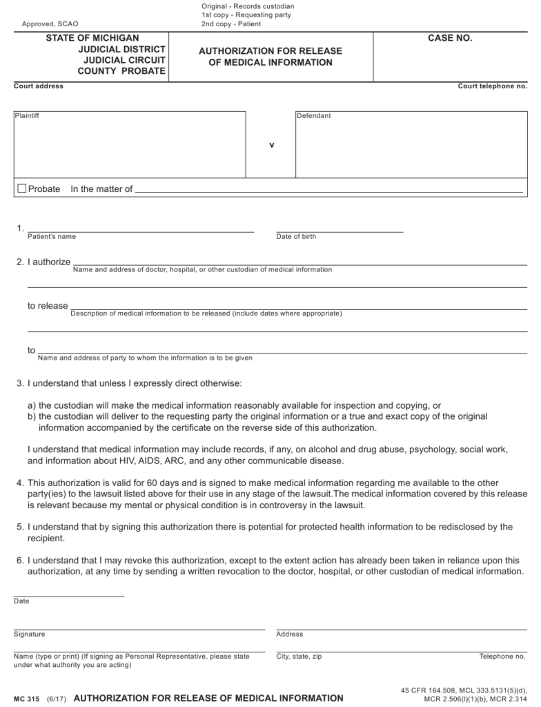 Form MC315 Download Fillable PDF Or Fill Online Authorization For 