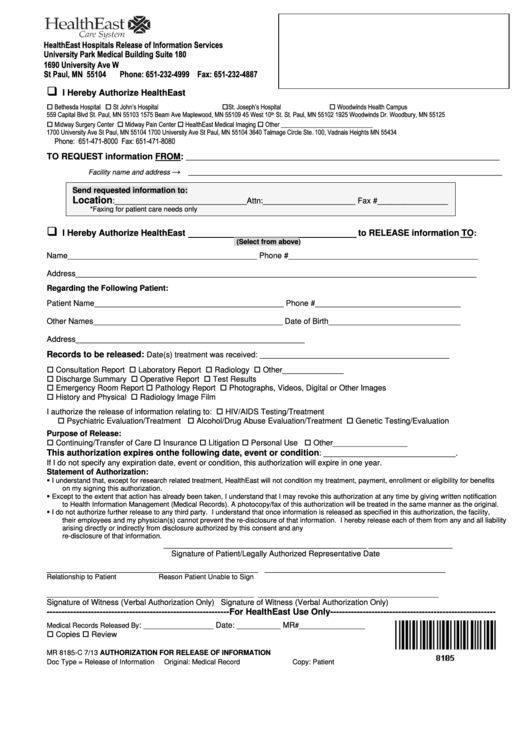 Form Mr 8185 C Hospital Records Release Form Printable Pdf Download