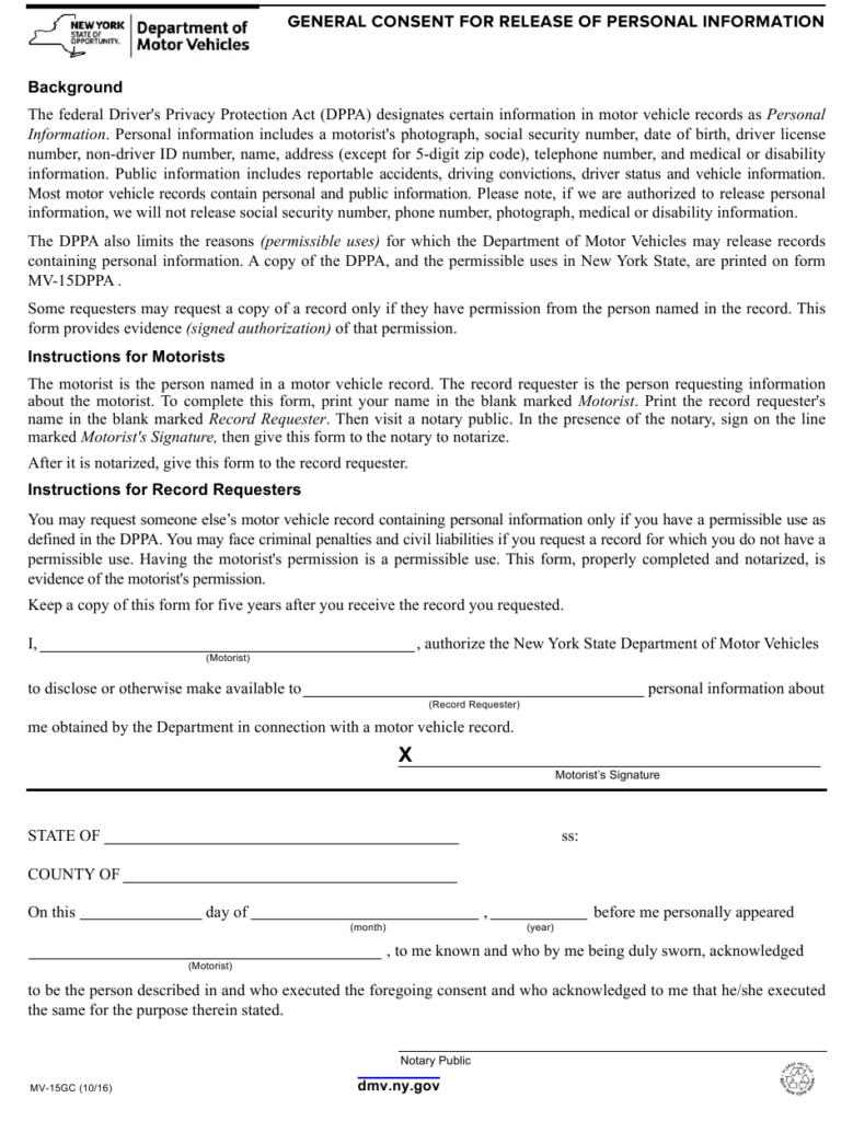 Form MV 15GC Download Fillable PDF Or Fill Online General Consent For 