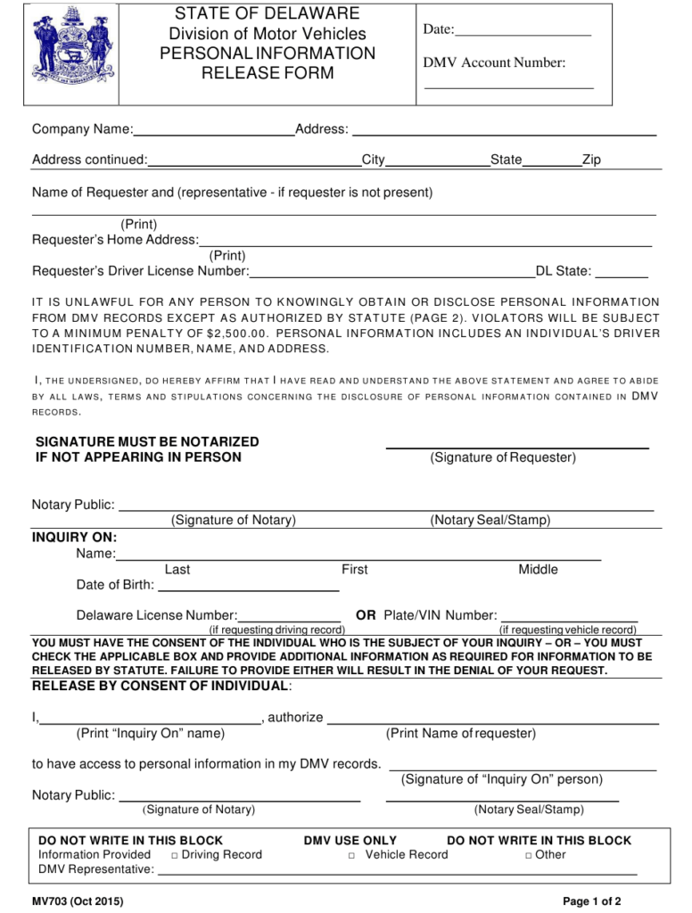 Form MV703 Download Fillable PDF Or Fill Online Personal Information 